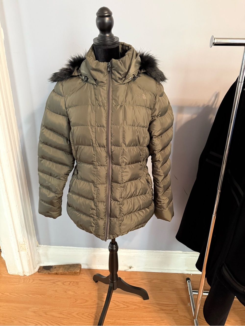 The North Face Women's Olive Green Quilted Puffer with Faux Fur Hood